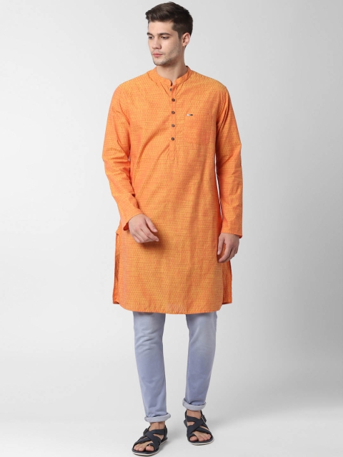 

Peter England Men Orange Woven Design Straight Kurta