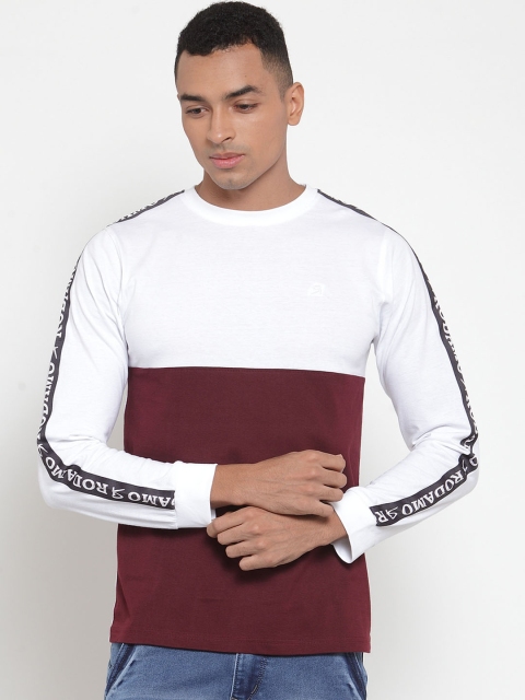 

Rodamo Men Maroon White Slim Fit Colourblocked Round Neck Pure Cotton T-shirt