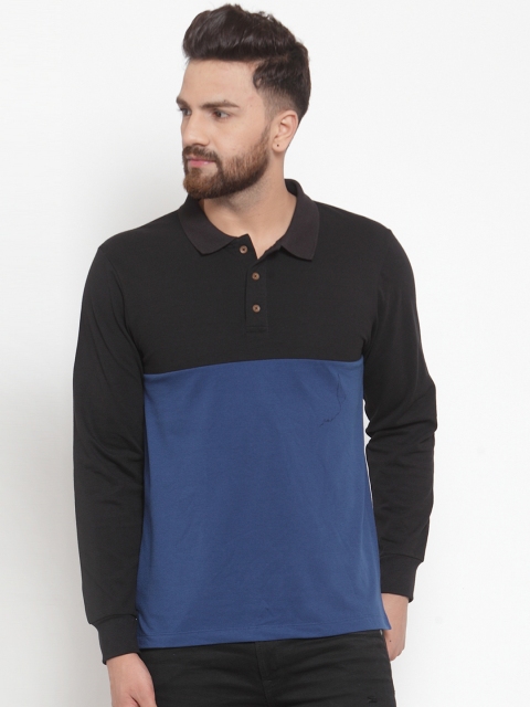

Kalt Men Blue & Black Colourblocked Polo Collar T-shirt