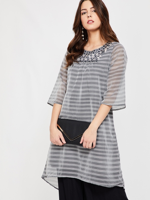 Melange by Lifestyle Women Grey & White Striped A-Line Kurta