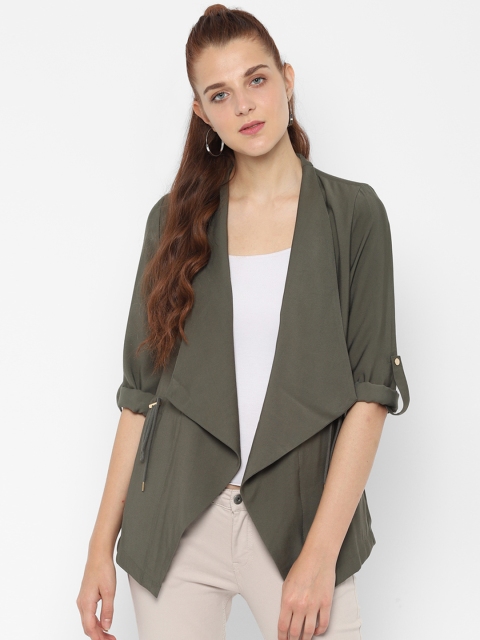 

People Women Olive Green Solid Open Front Jacket