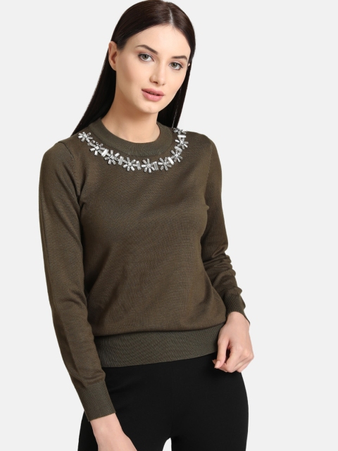 

Kazo Women Olive Green Embroidered Sweatshirt