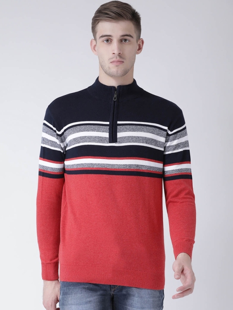 

COBB Men Red & Navy Blue Striped Sweater