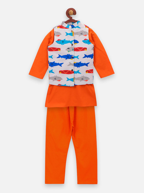 

LilPicks Boys Orange & Grey Printed Kurta with Pyjamas