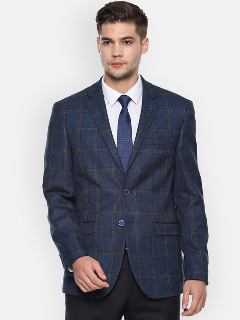 

Van Heusen Men Navy Blue Checked Slim Fit Single-Breasted Blazer