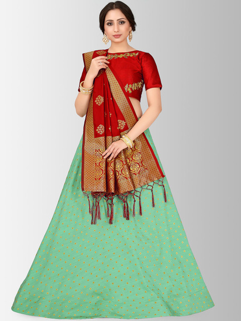 

MIMOSA Green & Red Embroidered Semi-Stitched Lehenga & Blouse with Dupatta