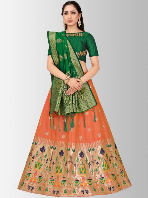 

MIMOSA Green & Orange Embroidered Semi-Stitched Lehenga & Blouse with Dupatta