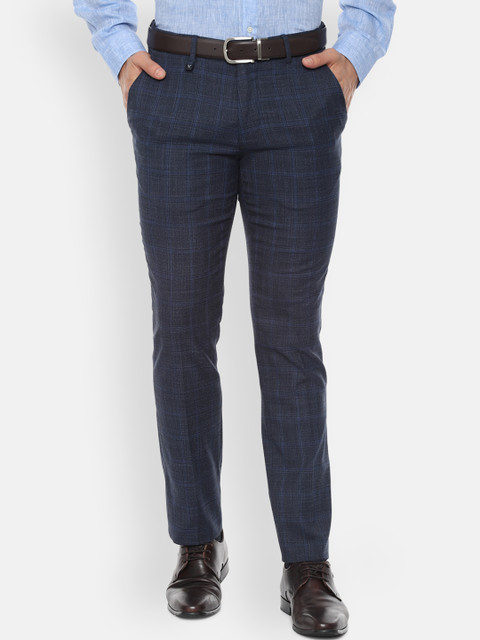 

V Dot Men Navy Blue Skinny Fit Checked Formal Trousers