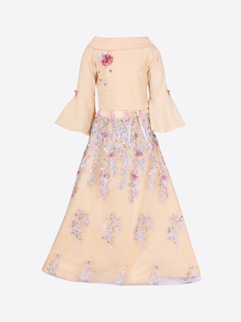 

CUTECUMBER Girls Beige & Peach-Coloured Embellished Top with Embroidered Skirt