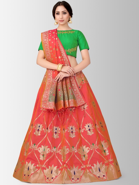 

MIMOSA Coral Pink & Green Embroidered Semi-Stitched Lehenga & Blouse with Dupatta