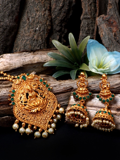 

ANIKAS CREATION Women Gold-Plated & Green Goddess Laxmi Temple Jewellery Set