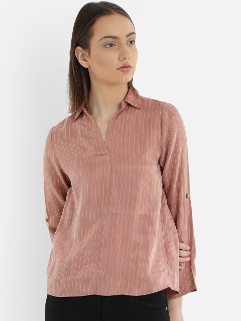 

COVER STORY Women Peach-Coloured Striped Shirt Style Top