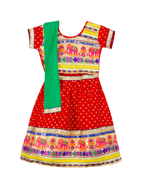 

KID1 Girls Red & Yellow Embroidered Ready to Wear Lehenga & Blouse with Dupatta