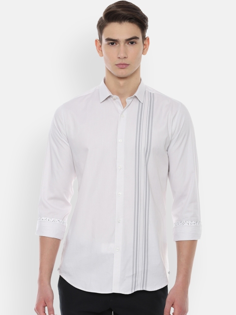 V Dot Men White & Grey Skinny Fit Striped Casual Shirt