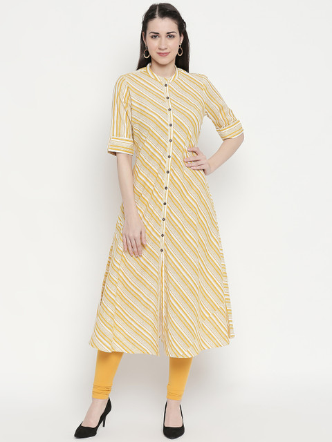 

RANGMANCH BY PANTALOONS Women Mustard & White Striped A-Line Kurta