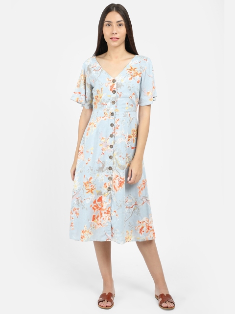 

COVER STORY Women Blue & Orange Floral Print A-Line Linen Dress