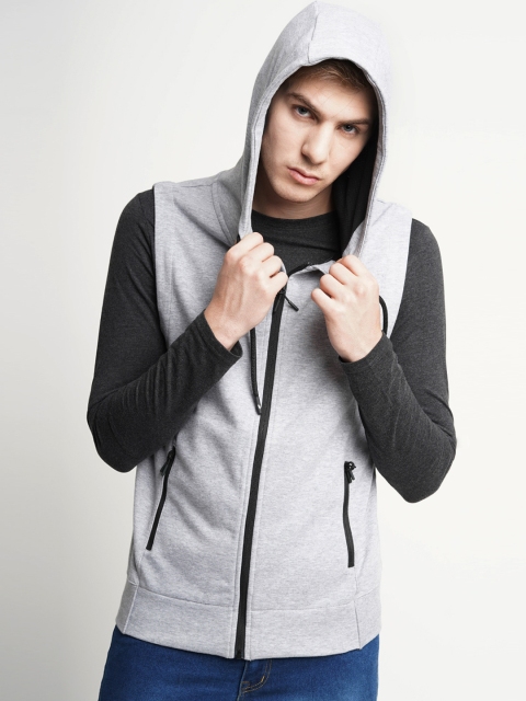 

4F Men Grey Melange Solid Hooded Sweatshirt