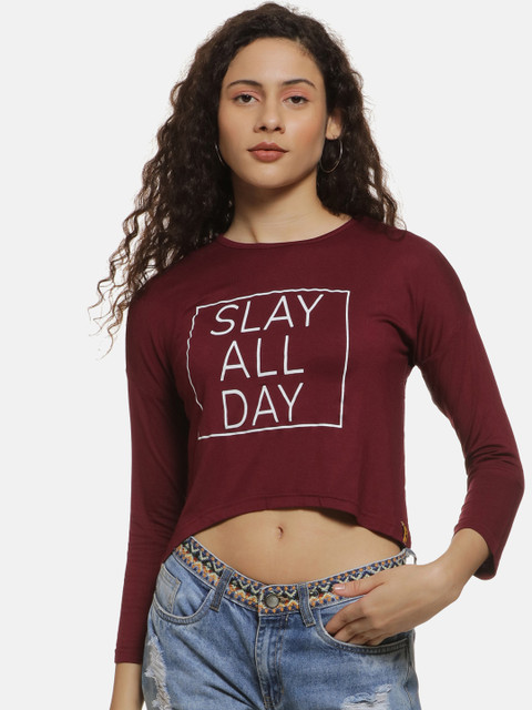 

Campus Sutra Women Maroon Printed Round Neck Crop T-shirt