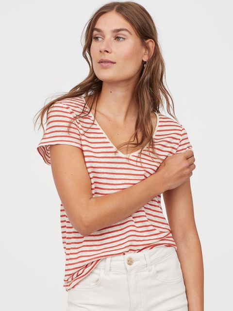 

H&M Women Orange Stipped Linen Top