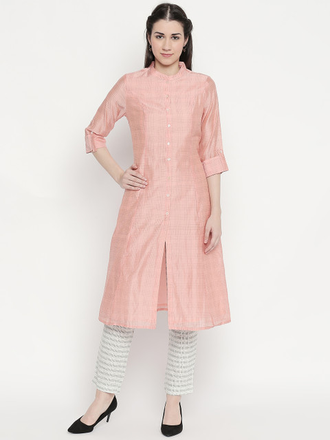 

RANGMANCH BY PANTALOONS Women Peach-Coloured Checked A-Line Kurta