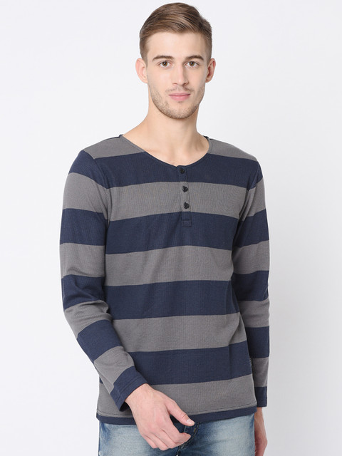 

Rigo Men Grey & Navy Blue Striped Henley Neck Slim Fit T-shirt