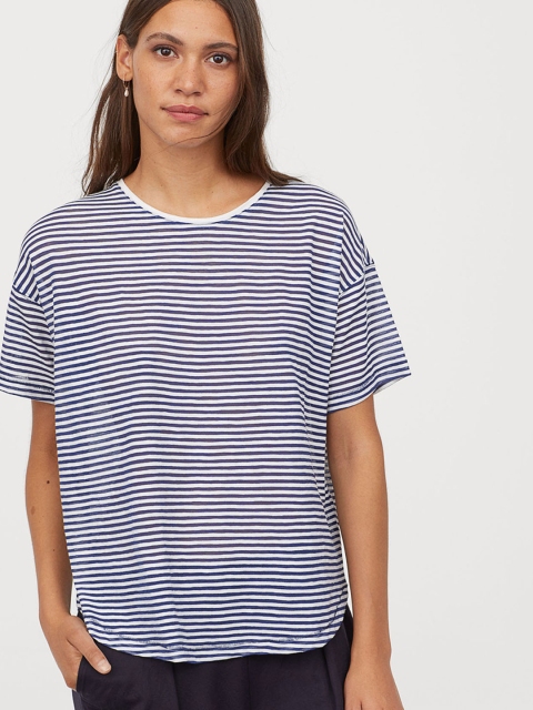 

H&M Women Blue & White Striped Wide T-shirt