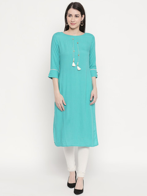 

RANGMANCH BY PANTALOONS Women Turquoise Blue Yoke Design Straight Kurta