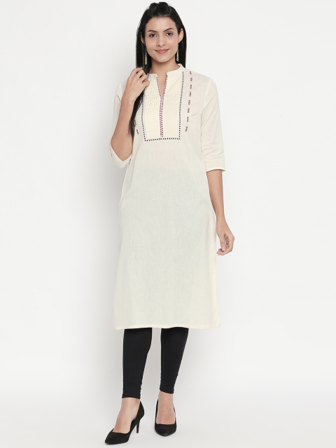 

RANGMANCH BY PANTALOONS Women Off-White Embroidered Straight Kurta