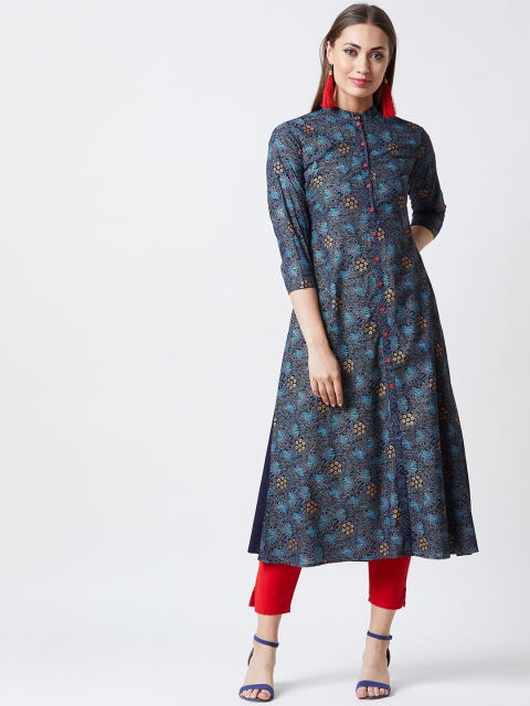 

Tissu Women Navy Blue Printed A-Line Kurta