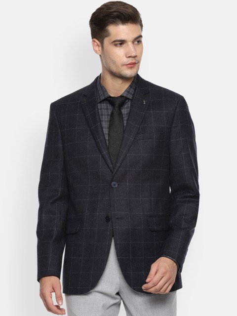 

Van Heusen Men Navy Blue Checked Slim-Fit Single-Breasted Blazer