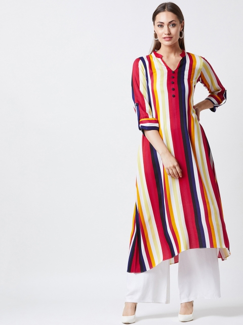 

Tissu Women White & Red Striped Asymmetric Hemline A-Line Kurta