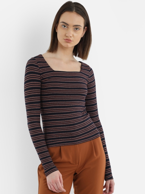 

COVER STORY Women Navy Blue Striped Round Neck T-shirt