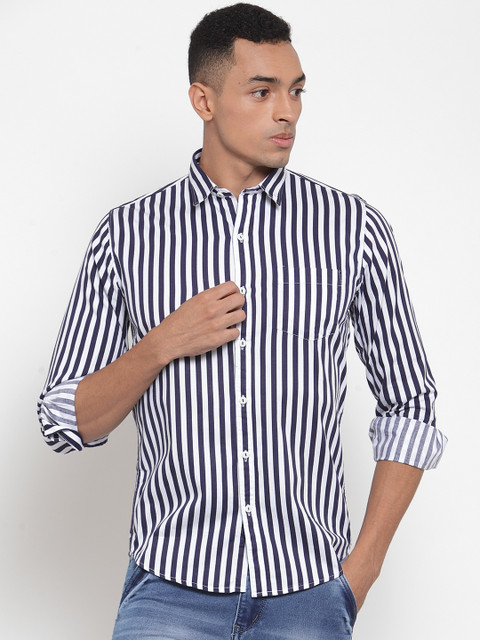 

Rodamo Men White & Navy Blue Slim Fit Striped Casual Shirt