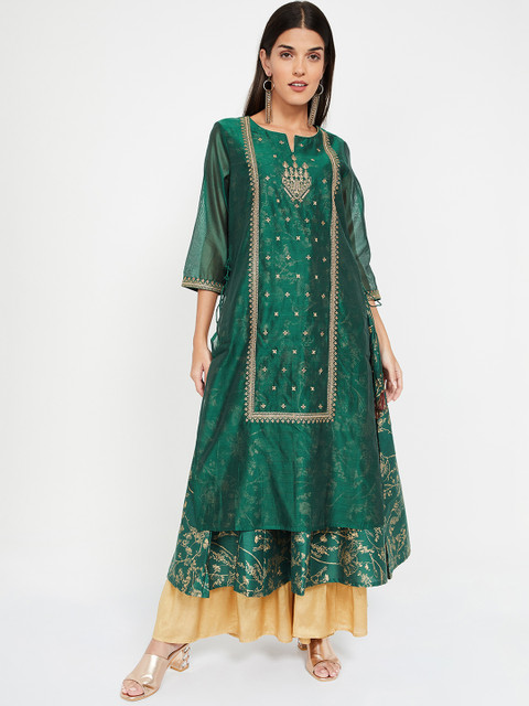 

Melange by Lifestyle Women Green & Gold-Toned Embroidered Layered A-Line Kurta