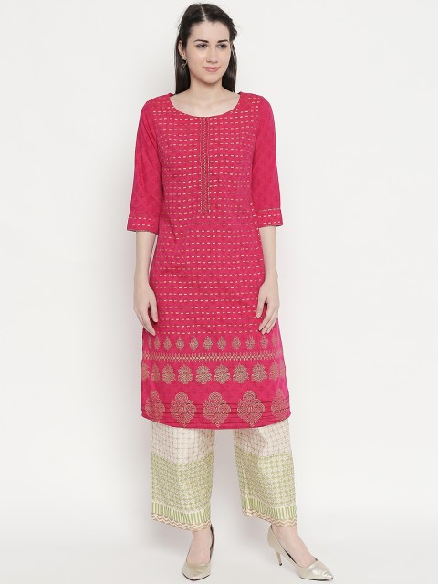 

RANGMANCH BY PANTALOONS Women Pink & Gold-Toned Woven Design Straight Kurta