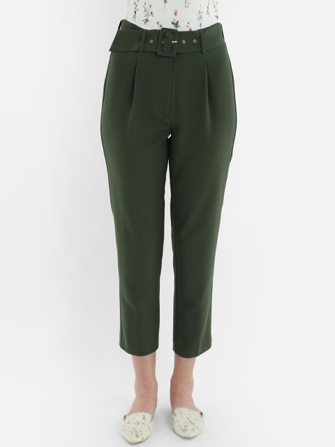 

COVER STORY Women Olive Green Regular Fit Solid Peg Trousers