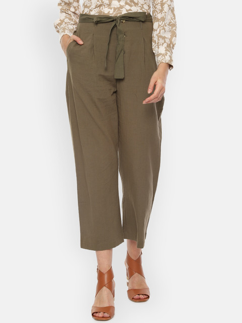 

Van Heusen Woman Women Olive Green Regular Fit Solid Parallel Trousers