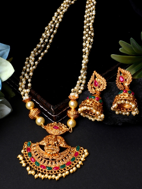 

ANIKAS CREATION Women Gold-Plated Goddess Laxmi Red Stone-Studded Temple Jewellery Set