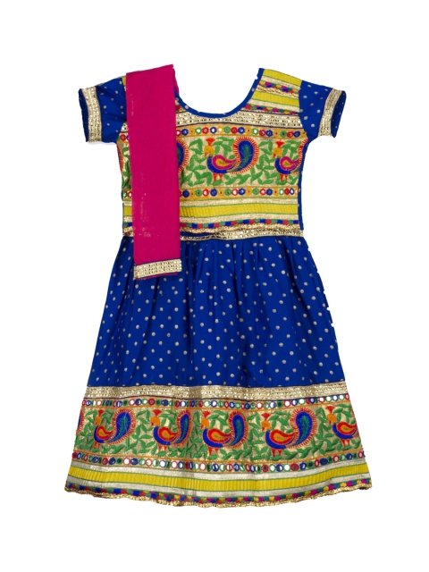 

KID1 Girls Blue & Yellow Embroidered Ready to Wear Lehenga & Blouse with Dupatta