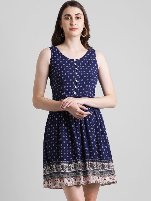 

Zink London Women Printed Navy Blue Fit and Flare Dress