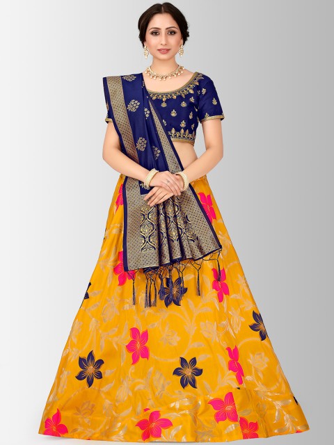 

MIMOSA Mustard & Navy Blue Embroidered Semi-Stitched Lehenga & Blouse with Dupatta