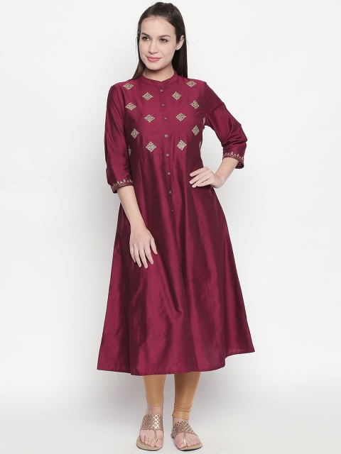 

RANGMANCH BY PANTALOONS Women Burgundy Embroidered A-Line Kurta
