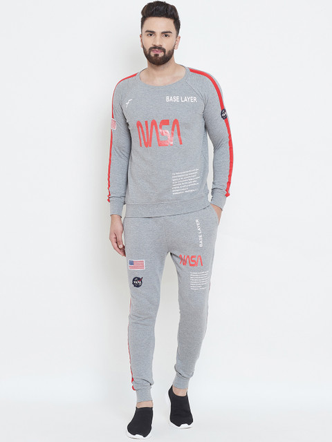 

FUGAZEE Men Grey Melange Nasa Sweatshirt & Joggers Suit