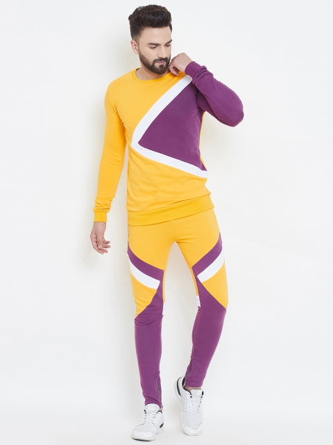 

FUGAZEE Men Yellow & Purple Colourblocked Sweatshirt & Trackpants Suit