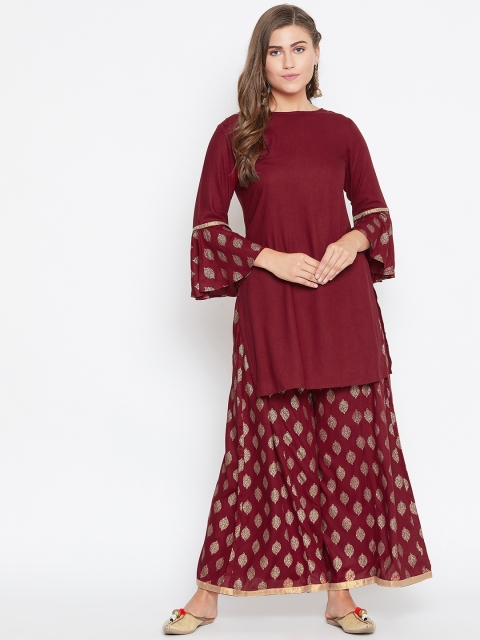 

Castle Women Maroon & Gold-Toned Printed Kurta with Sharara