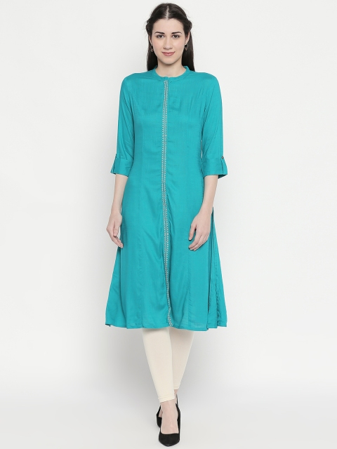 

RANGMANCH BY PANTALOONS Women Teal Yoke Design Straight Kurta