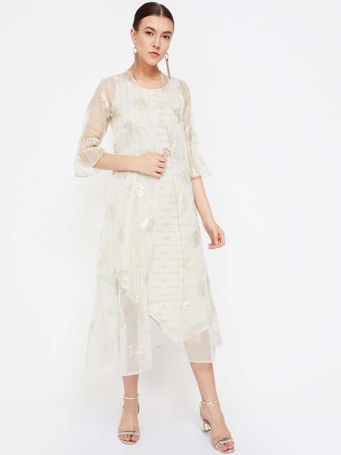 

Colour Me by Melange Off White & Gold-Toned Printed Longline Shrug