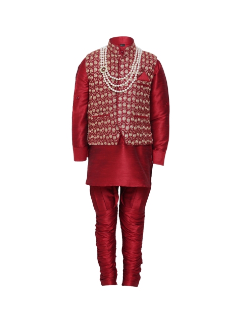 

Aj DEZInES Boys Maroon Solid Kurta with Pyjamas & Nehru Jacket