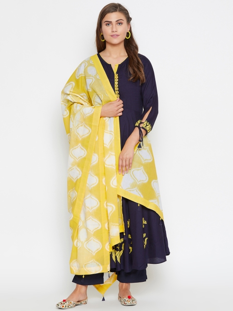 

Castle Women Navy Blue & Yellow Printed Kurta with Palazzos & Dupatta