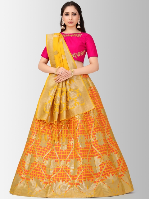 

MIMOSA Pink & Orange Embroidered Semi-Stitched Lehenga & Blouse with Dupatta